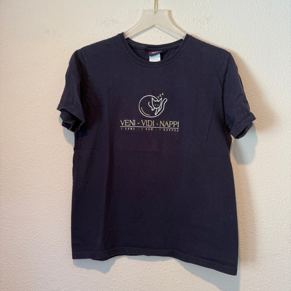 Old Varsity Brand OVB Mens Veni Vidi Nappi Cat Graphic Tee Navy Blue Large
